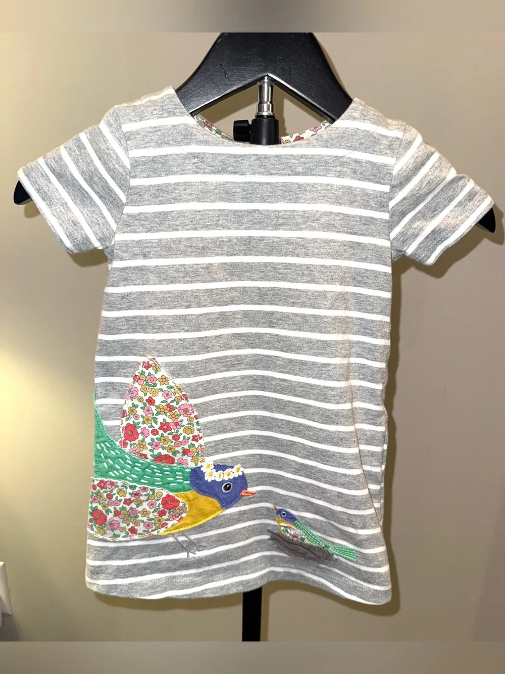 Mini Boden striped dress with bird appliqué, size 1.5/2 years